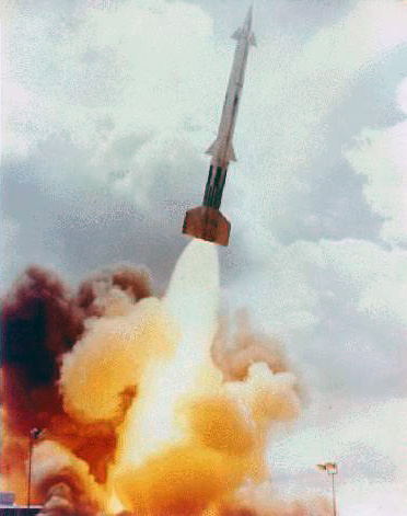 A Nike Zeus anti-ballistic missile is launched.
